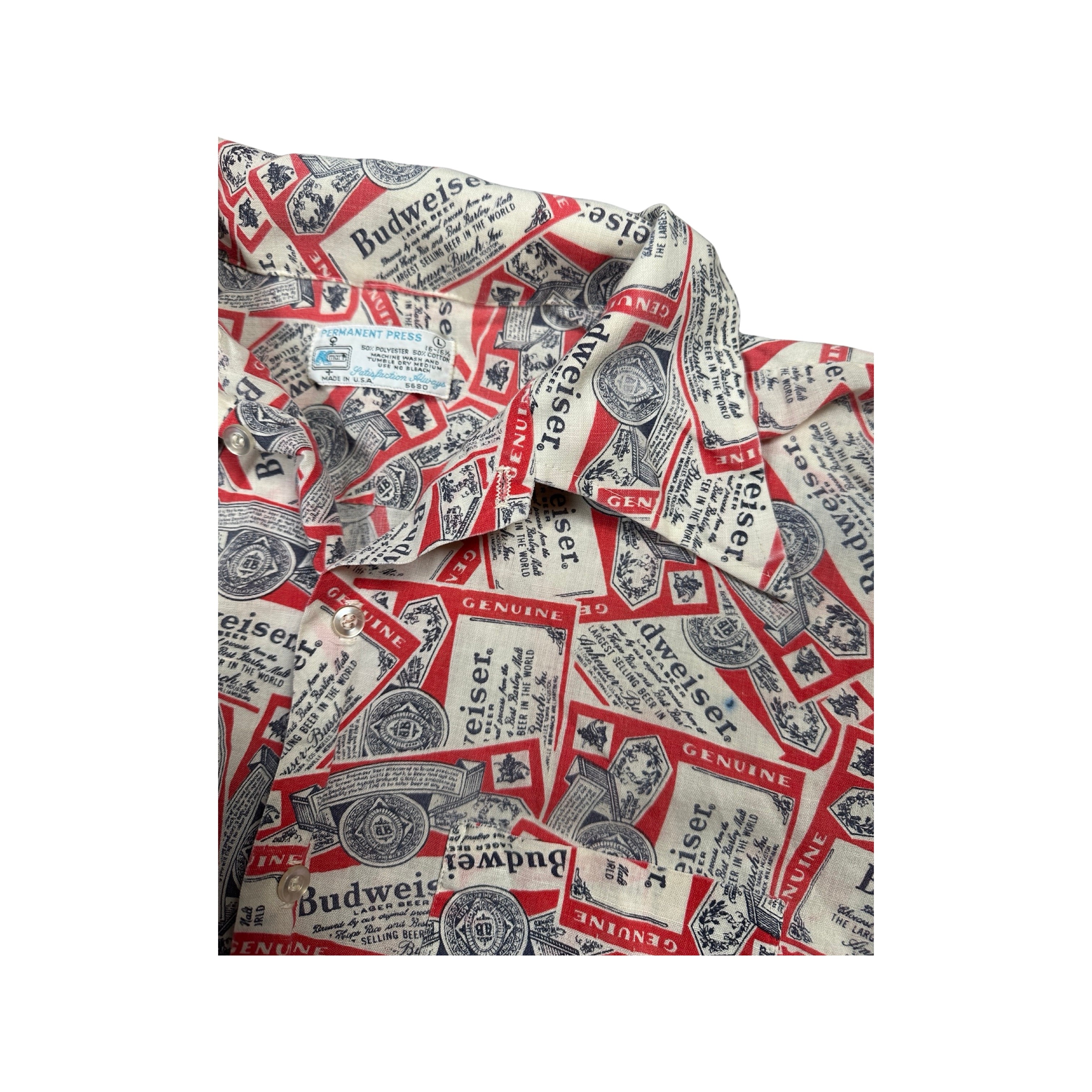 Budweiser Permanent Press All-Over-Print 70s Button-Up T-Shirt Essential (Large)