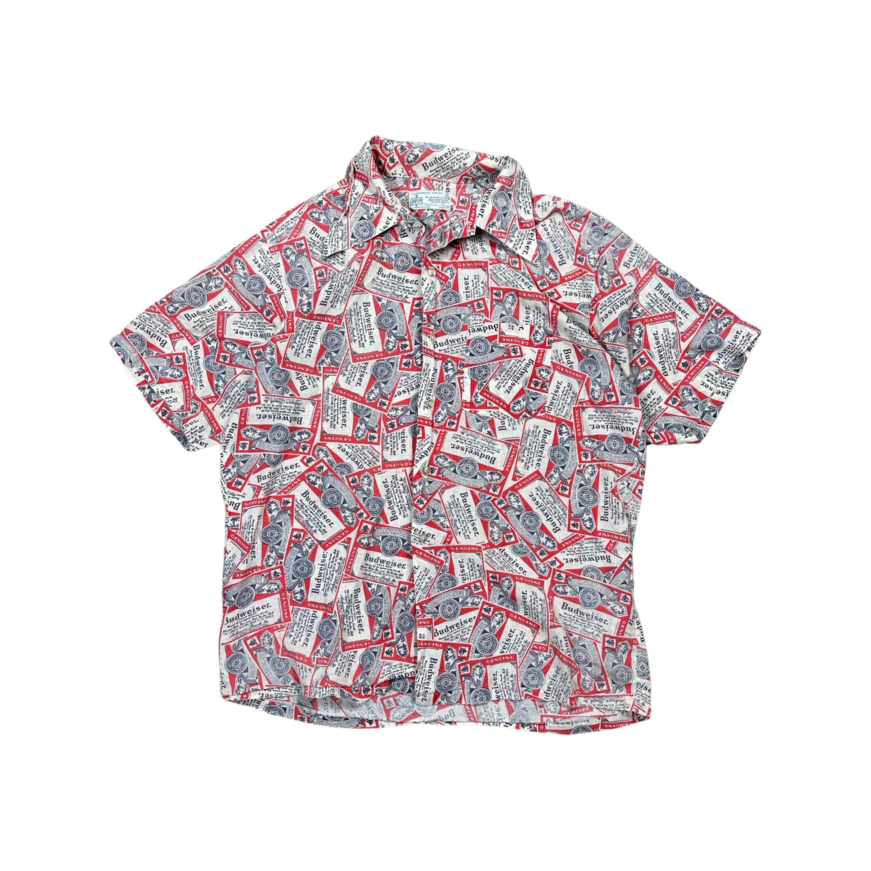Budweiser Permanent Press All-Over-Print 70s Button-Up T-Shirt Essential (Large)