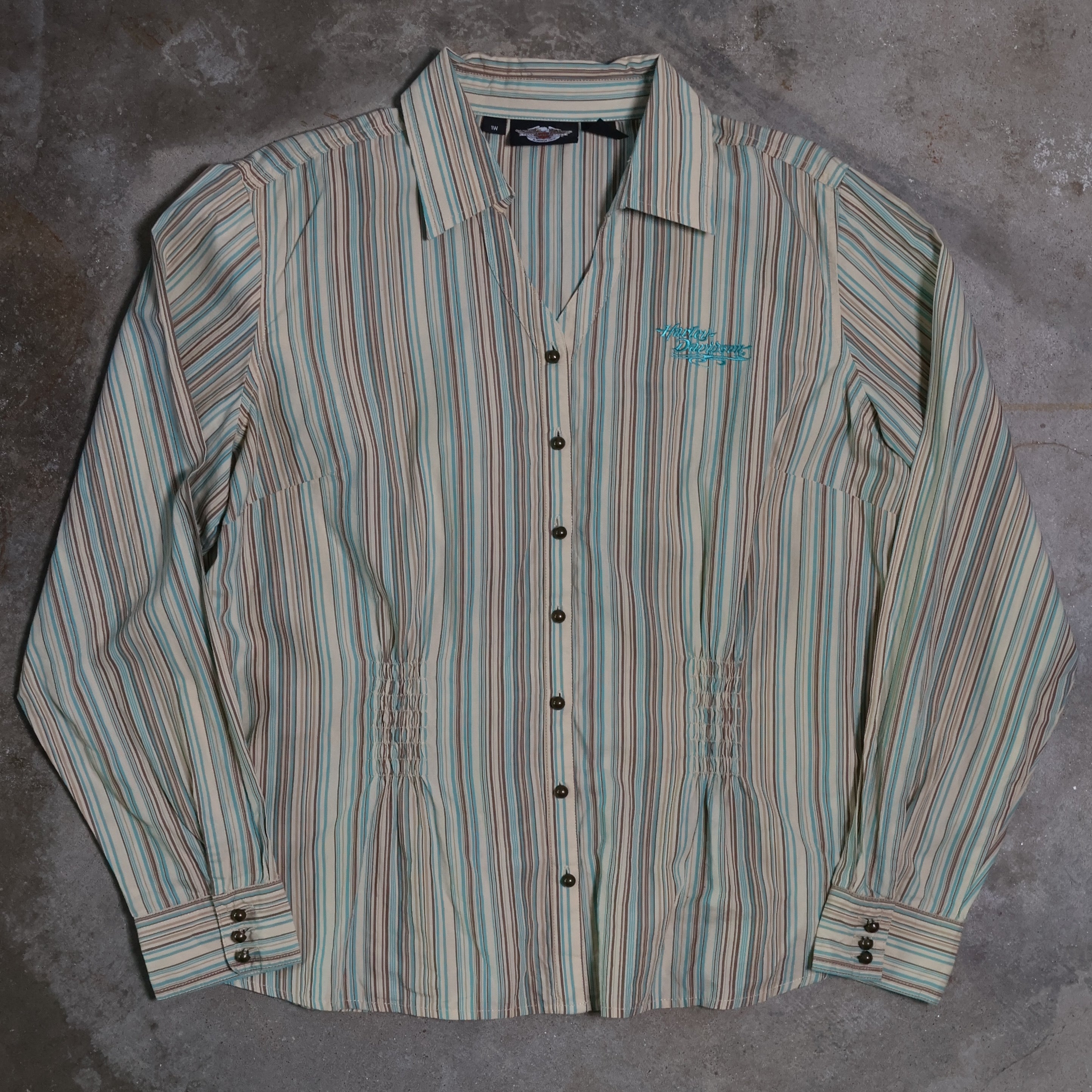 Harley Davidson Striped Button-Up T-Shirt 90s (Small)