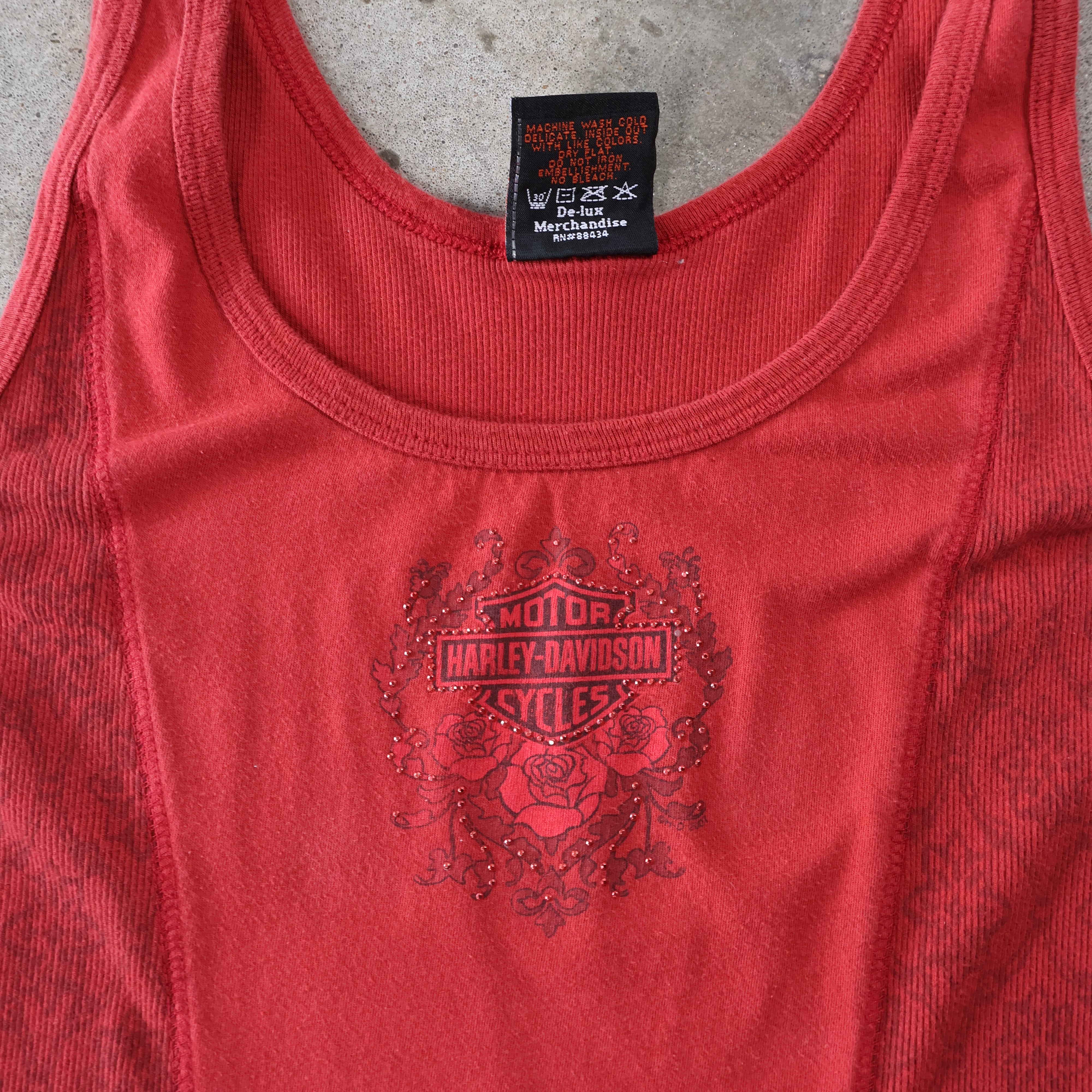 Y2K Red Harley Davidson Rose Tank Top T-Shirt 2001 (Small)