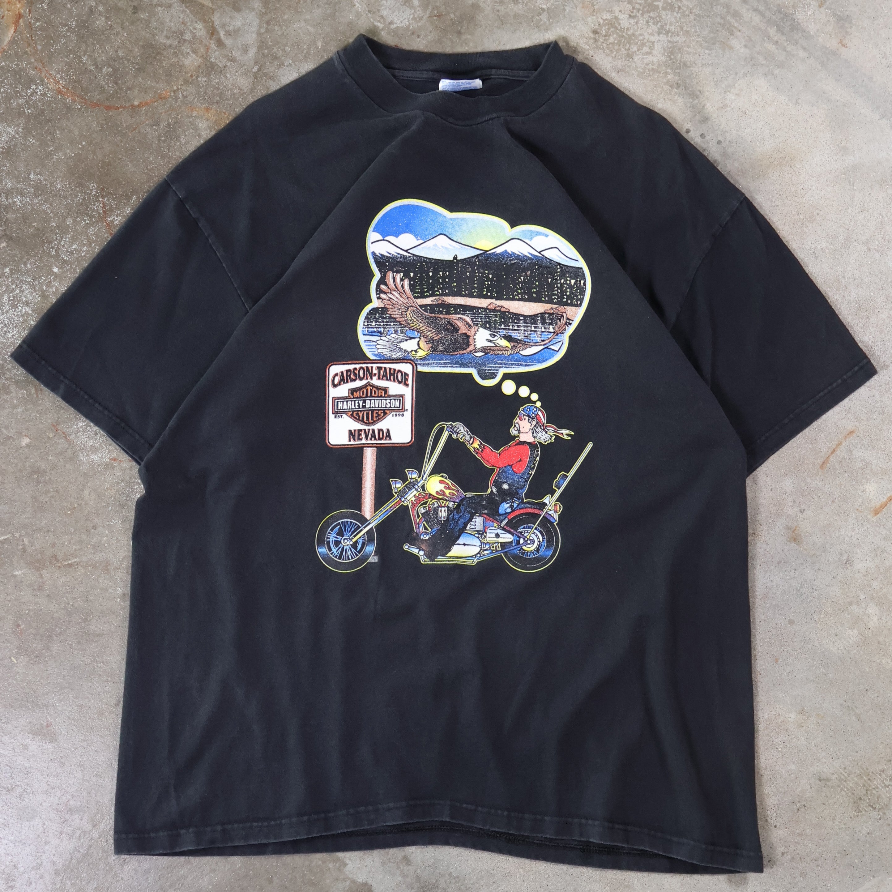 Harley Davidson Cartoon Motorcycle T-Shirt 90s (XL)