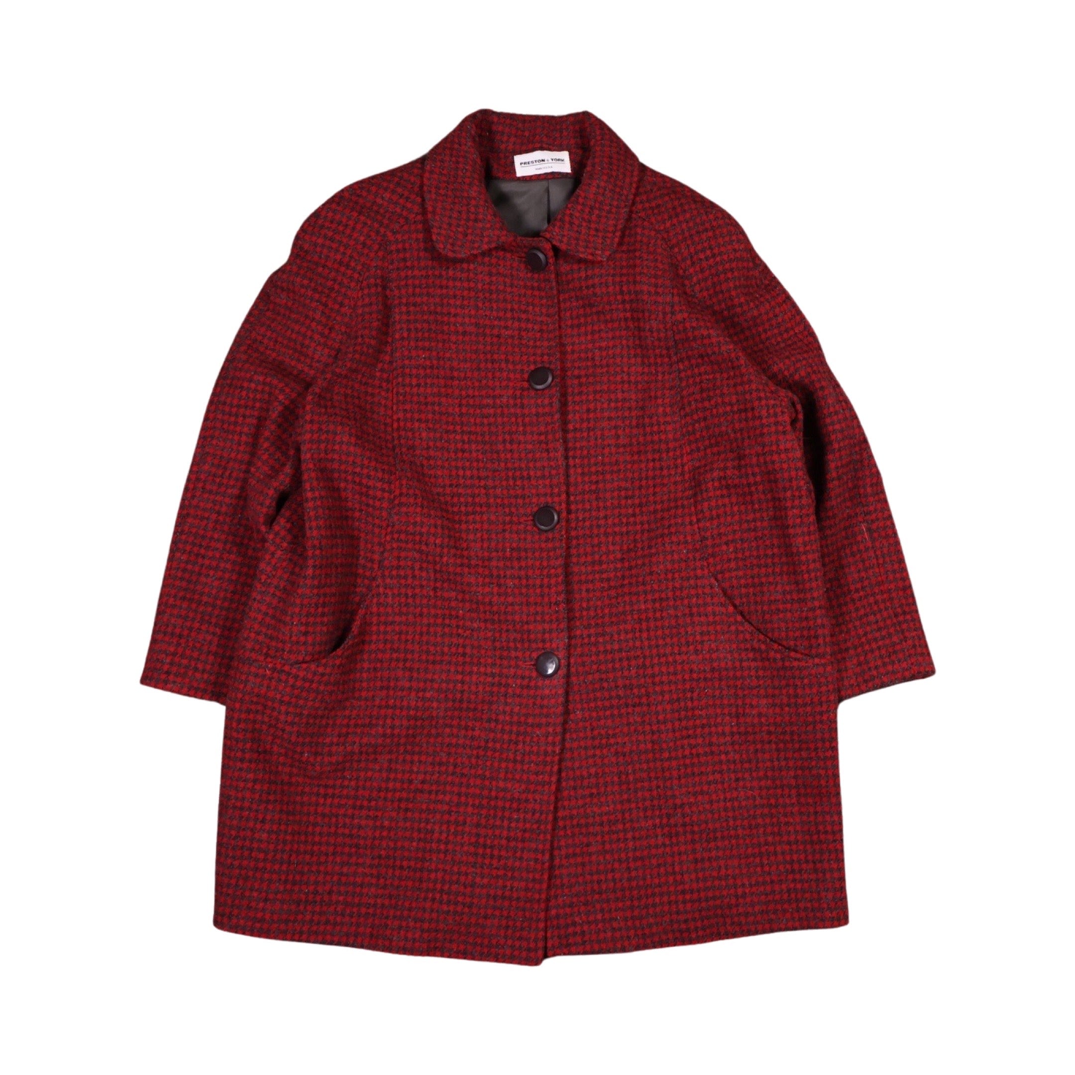 Red/Black Houndstooth 90s Wool Trench Coat Essential (Medium)