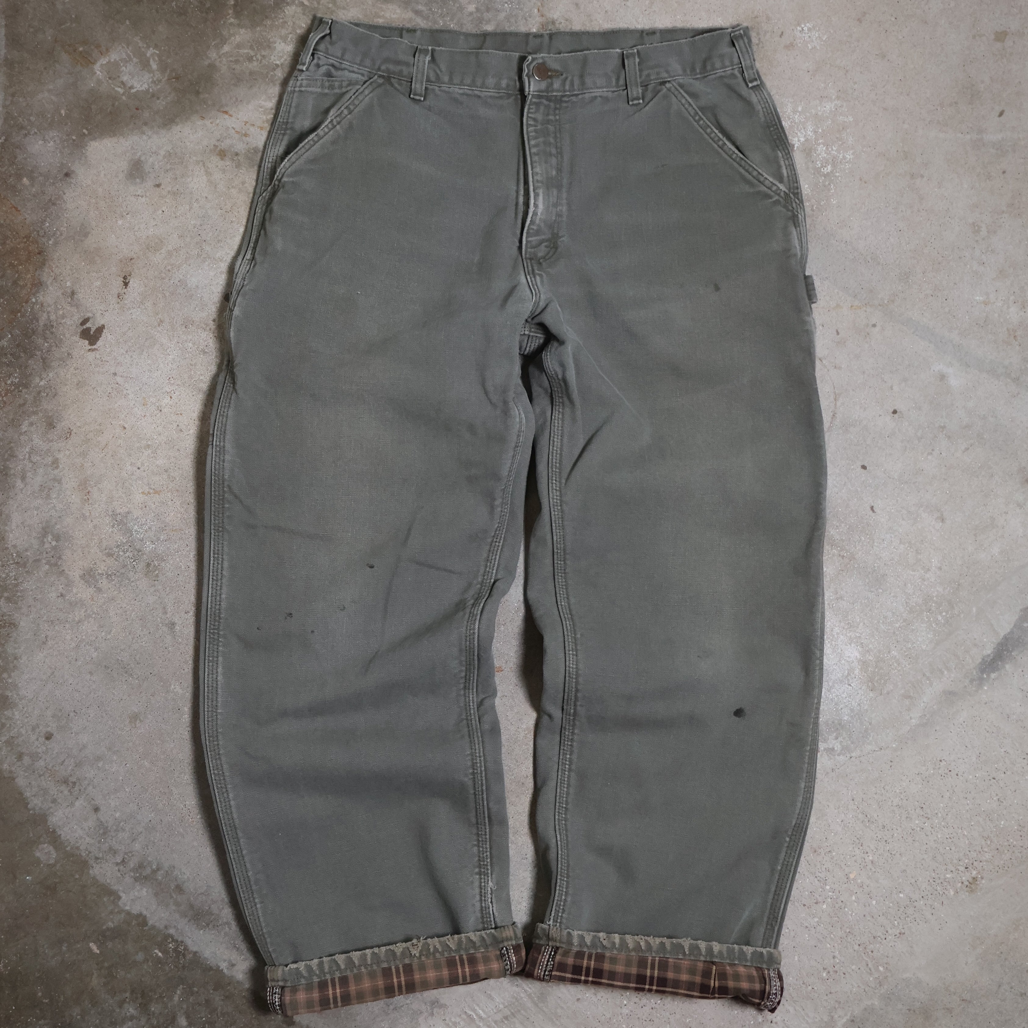 Green Carhartt Flannel Lined Canvas Carpenter Pants (34")