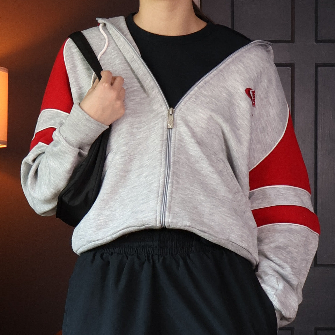 Gray/Red Nike Zip-Up Hoodie 80s (Medium)